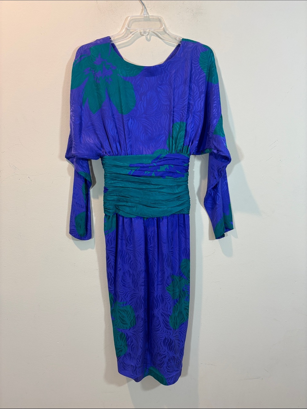 Vintage Silks by St. Gillian Teal & Blue Ruched Waist Long Sleeve Midi Dress